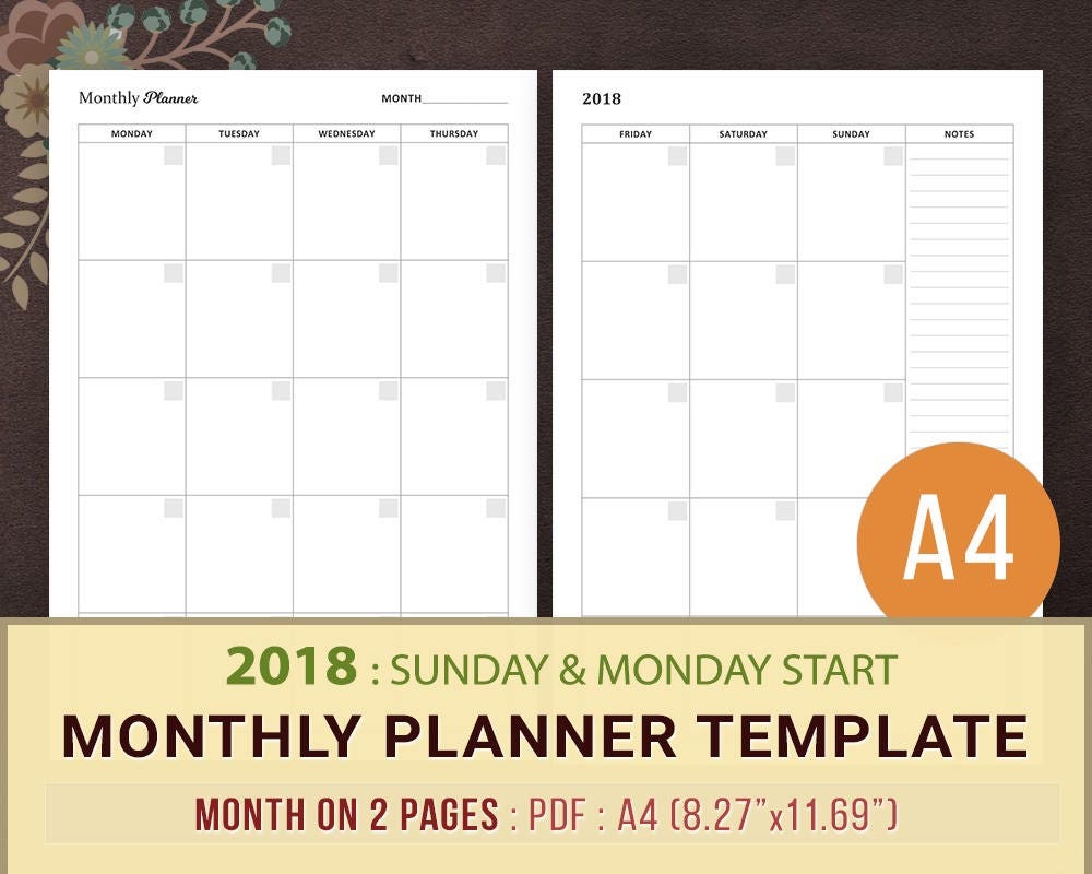 2018 monthly planner template printable planner inserts a4 month planner template