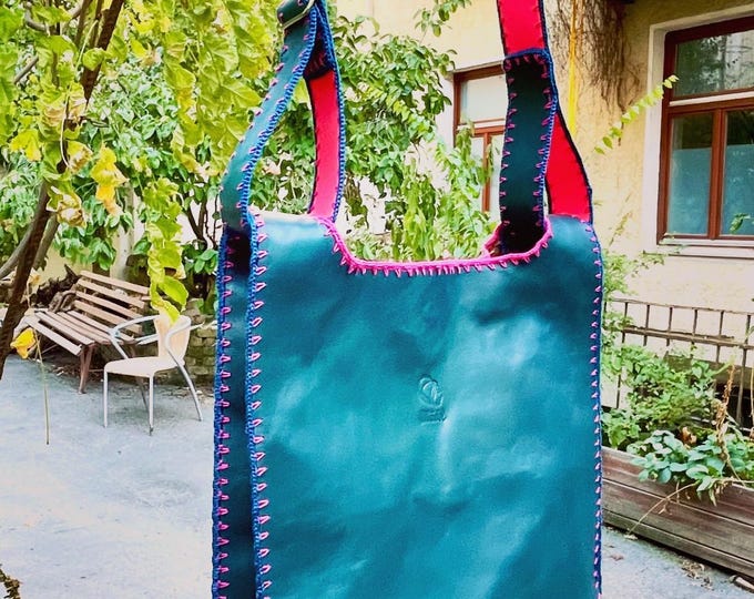 Genuine leather shopper, blue pink, crossbody bag