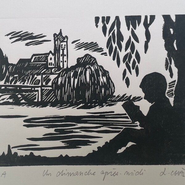 Carte postale à volet, lecture au bord de la rivière, linogravure 15 x 21 cm