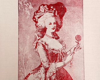 Original engraving "Marie Antoinette". Marie Antoinette of Austria etching. printmaking