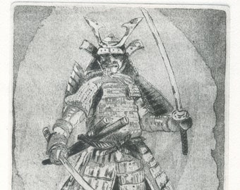 original engraving "Samurai",Samouraï,Japan Samurai,samurai armor,Katana,feudal Japan,Japan,Bushido,Samurai print,Samurai art,printmaking