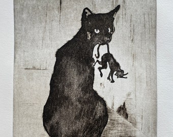 Eau-forte originale chat "Chasseur", imprimée à la main, numérotée et signée.