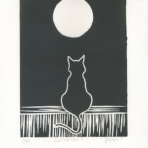 Linocut originale "Solitaire", tirato a mano, inchiostro nero su carta bianca, edizione limitata numerata e firmata.