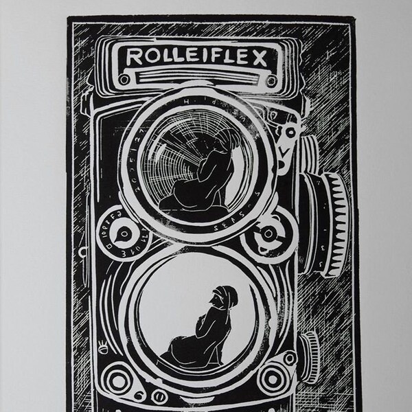 Original linocut print " rolleiflex"