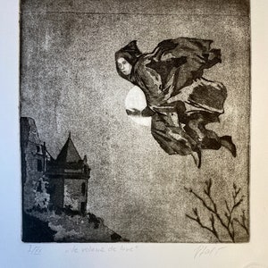 Original engraving &quot;The Moon Thief&quot;, etching, printmaking ,drypoint