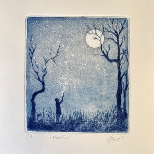 May include: A blue and white print of a child holding a jar of fireflies under a full moon. The print is titled "Fireflies" and signed "Hall".