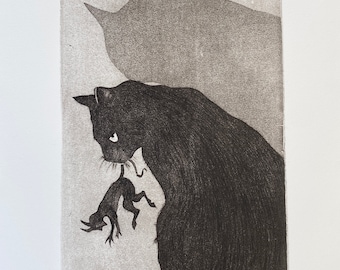 Eau-forte originale chat "Chasseur nocturne" Imprimée à la main Estampe Chat noir Etching diable