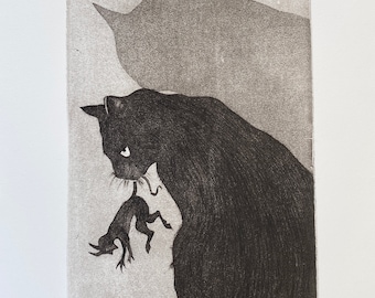 Original cat etching "Nocturnal hunter" Hand printed Black cat print Devil etching