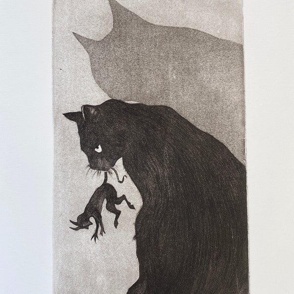 Original cat etching "Nocturnal hunter" Hand printed Black cat print Devil etching