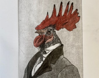 Original Engraving "Mr. Coq" printmaking, etching, engraving, portrait rooster, print art, Gentleman rooster, Aquatint