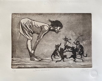 May include: A black and white etching of a woman bending over, looking at a group of cats dancing. The title of the artwork is "Danse Nocturne".