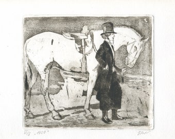 Engraving illustration horse style "1900", original hand-printed etching.