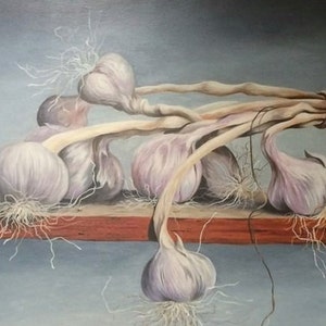 The oil painting, still life Garlic oil on canvas 50cmx100cm. image 4