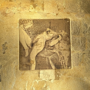 Original engraving &quot;Danaé&quot;. printmaking art. etching.Greek mythology. Danae and the Golden Rain