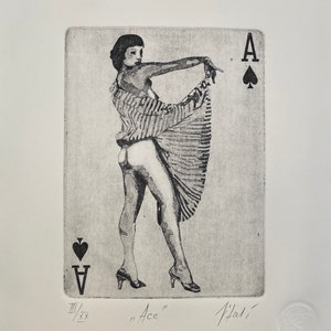 Original signed art engraving, black and white, &quot;ACE&quot;, hand printed.