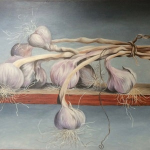 The oil painting, still life Garlic oil on canvas 50cmx100cm. image 1