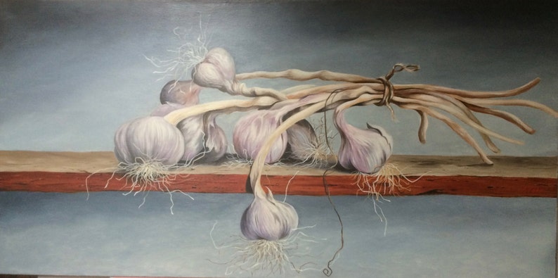 The oil painting, still life Garlic oil on canvas 50cmx100cm. image 1