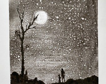 Original monotype "fireflies", Print, Landscape, art print