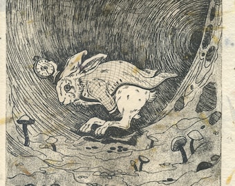 "White Rabbit" engraving. the rabbit hole. Alice's Adventures in Wonderland. Alice's Adventures in Wonderland.etching.printmaking