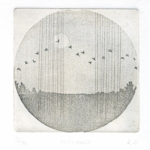 Original print &quot;Morning&quot; landscape etching. Japanese inspired. Square format.