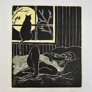 Spring . linocut. naked. cat