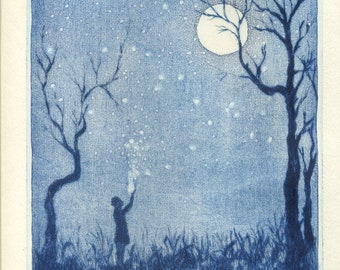 Original hand-printed "Fireflies" print, blue ink on white paper, numbered and signed.