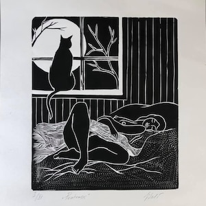 Spring. Linocut. Naked. Cat