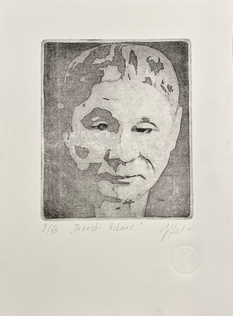 Original engraving Takeshi Kitano. etching. Printmaking Allan Po. Drypoint. portrait Takeshi Kitano image 2