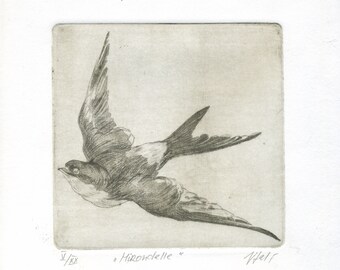 Original print bird drawing, "Hirondelle", hand-printed.