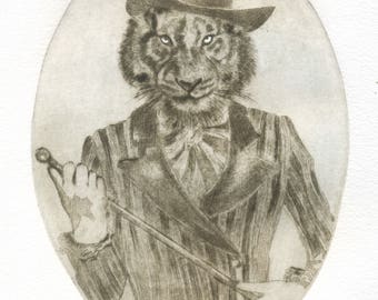 Tiger animal portrait print, "Mr. Tiger," hand-printed, signed.