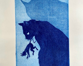 Original cat etching "Nocturnal Hunter", hand printed, numbered and signed.