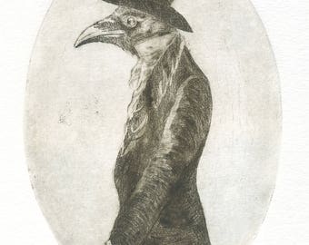"Mr. Raven" etching, hand-printed, black and white, 300g paper.
