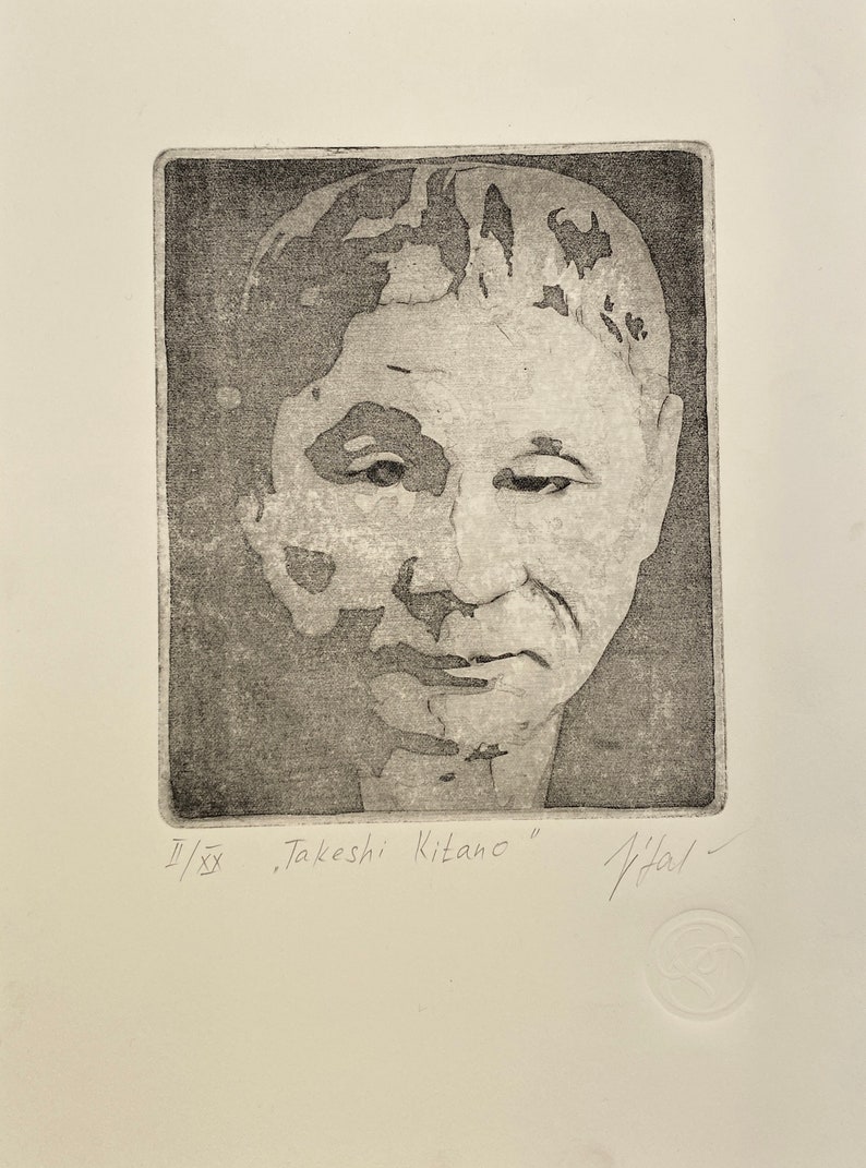 Original engraving Takeshi Kitano. etching. Printmaking Allan Po. Drypoint. portrait Takeshi Kitano image 1