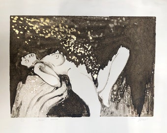 Original monotype "Danaé", Print, print art, Greek mythology. Danae and the golden rain