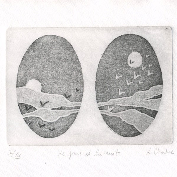 Original etching " Night and day", contemporary printmaking. Gravure " Le jour et la nuit" originale, numerotée, signée, édition limitée.