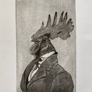 Incisione originale &quot;Mr.Coq&quot;, incisione, acquaforte, incisione, ritratto gallo, stampa arte, Gallo gentiluomo, Acquatinta