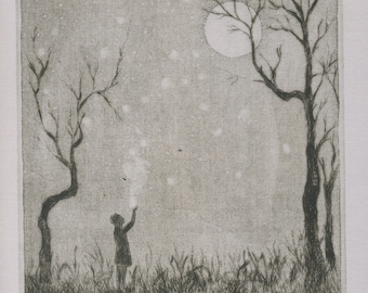 original engraving &quot;fireflies&quot;,fireflies,printmaking,ething,engraving,Original etching,Etching,Print,Landscape,print art