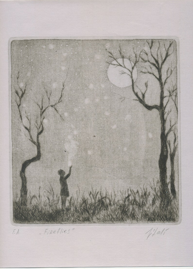 original engraving fireflies,fireflies,printmaking,ething,engraving,Original etching,Etching,Print,Landscape,print art image 1