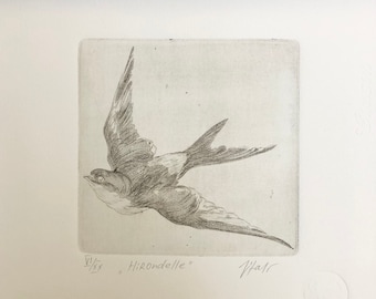 Original Vogelgravur, "Hirondelle", von Hand gedruckt.