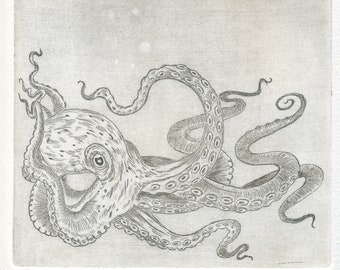 Gravure originale "Octopus" style japonais, imprimée à la main, numérotée et signée.