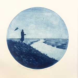 Gravure illustration paysage bleu &quot;Butterfly catcher&quot;, imprimée à la main, signée.