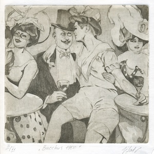 Peut inclure: Une gravure en noir et blanc de trois personnes dans un bar. Les personnes sont habillées en tenue de soirée et tiennent des verres de vin. La gravure est intitulée "Bacchus 1900" et est signée "Vjolat".