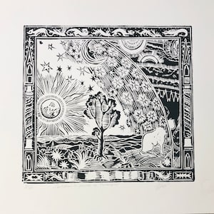 フラマリオンの彫刻の猫。リノカット。