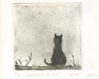 Gravure illustration chat et paysage "Constellation de chat", eau-forte imprimée en bleu.