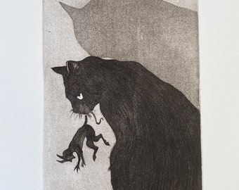 Original cat etching "Nocturnal Hunter", hand printed, numbered and signed.