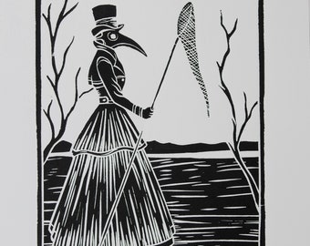 Original linocut print "Madame Plague." Hand-pulled, numbered and signed. Black and white artwork. Free worlwide shipping.