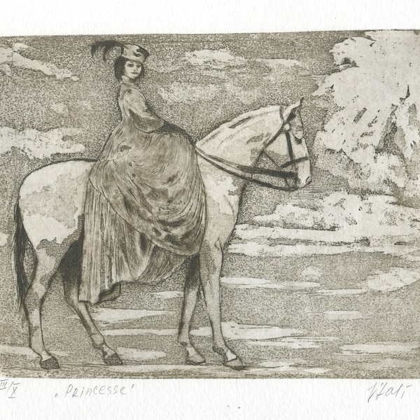 Gravure Originale "Princesse". princess. printmaking. gravure. Cheval . Hors print. beautiful horse