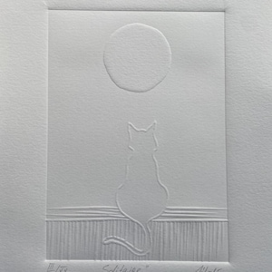 Incisione su linoleum originale "Solitaire", tirata a mano, inchiostro nero su carta bianca, edizione limitata numerata e firmata.