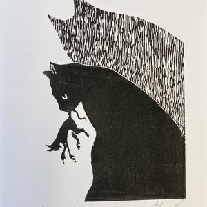 Cartes postales linogravure, Original linocut "Chasseur nocturne", limited edition numbered and signed.