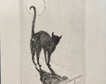 Original engraving "Director of the moon". Director of the moon. black cat.Paris.moon. moon. etching cats. printmsking cat.